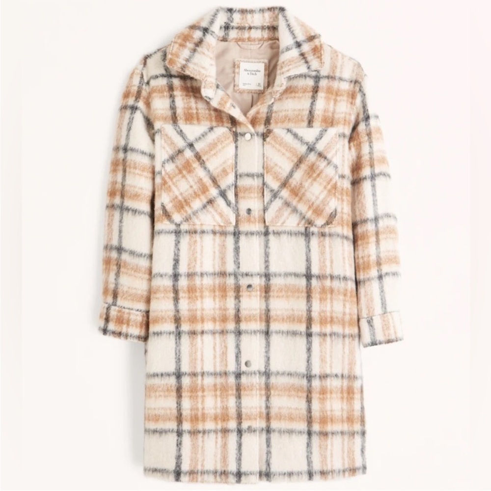 Abercrombie & Fitch Long-Length Wool-Blend Shirt Jacket (Cream Plaid)